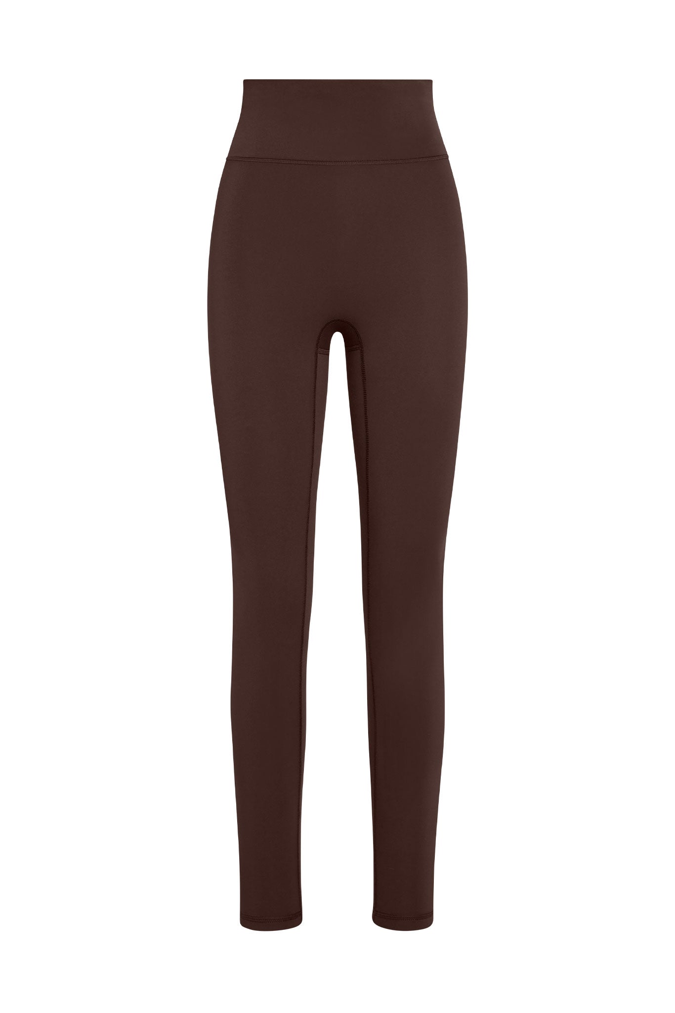 High-rise chocolate-brown full-length leggings with flat waistband on white background