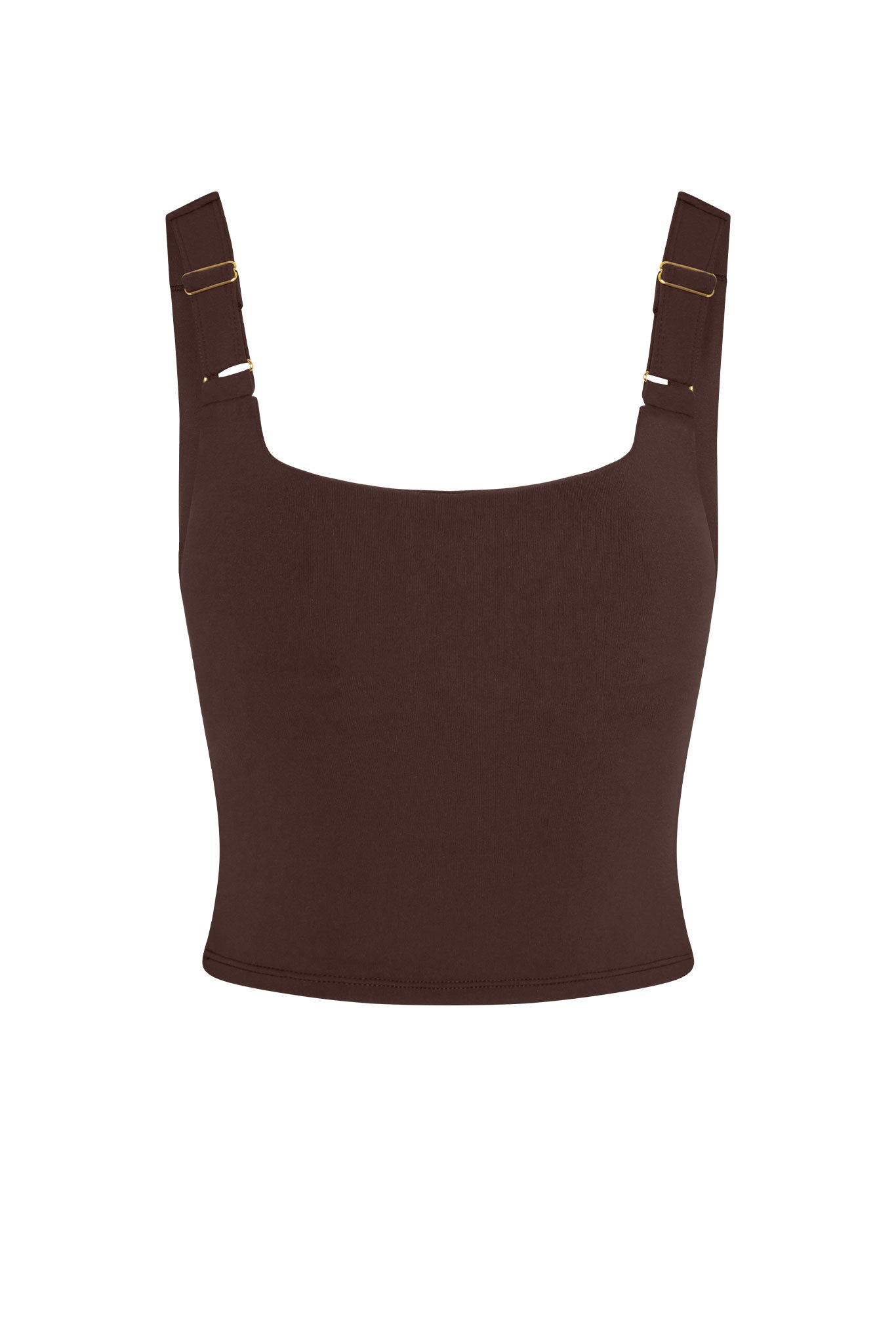 Brown cropped tank top with square neckline and adjustable shoulder straps with gold buckles.