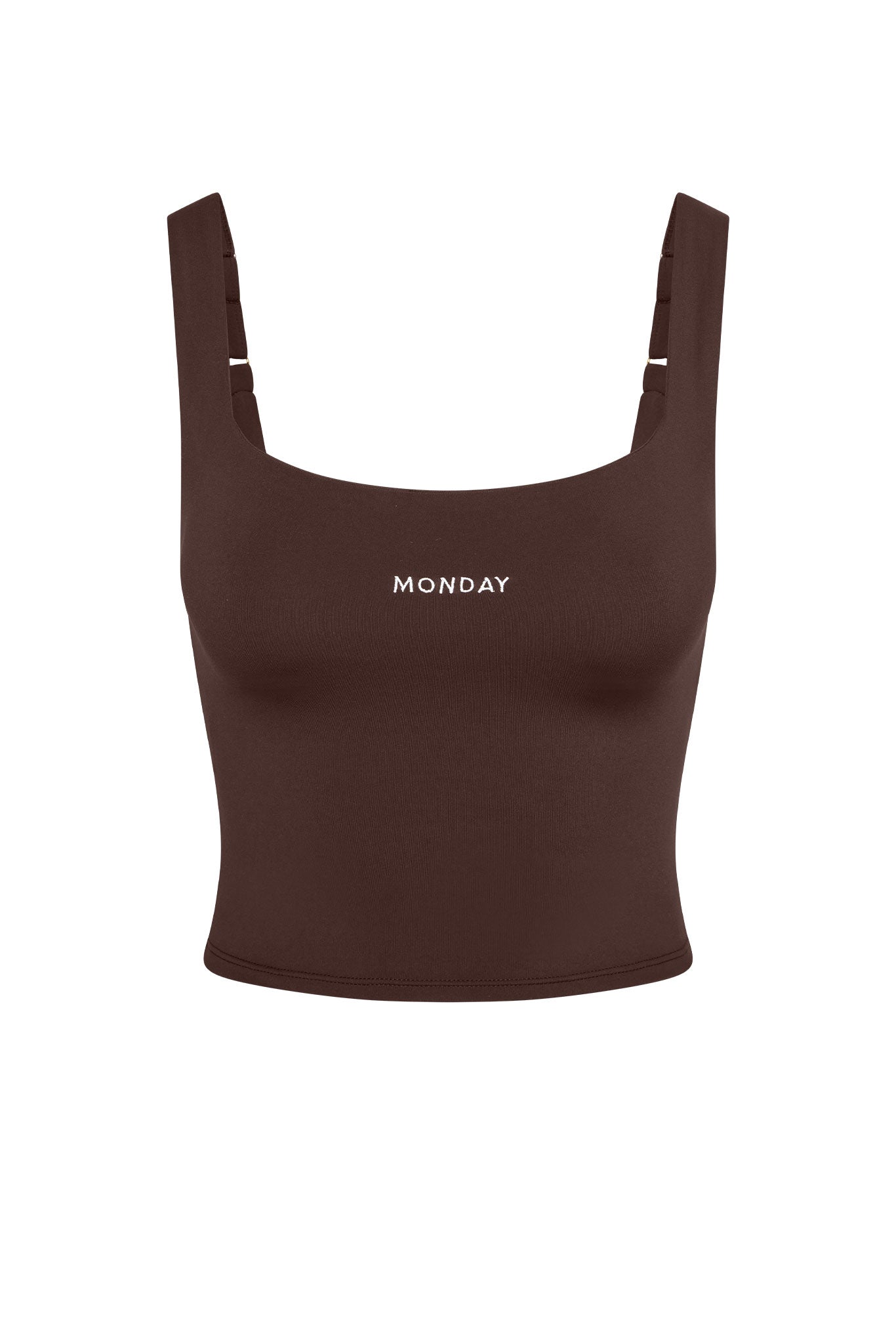 Brown cropped square-neck tank top with 'MONDAY' printed on the chest.