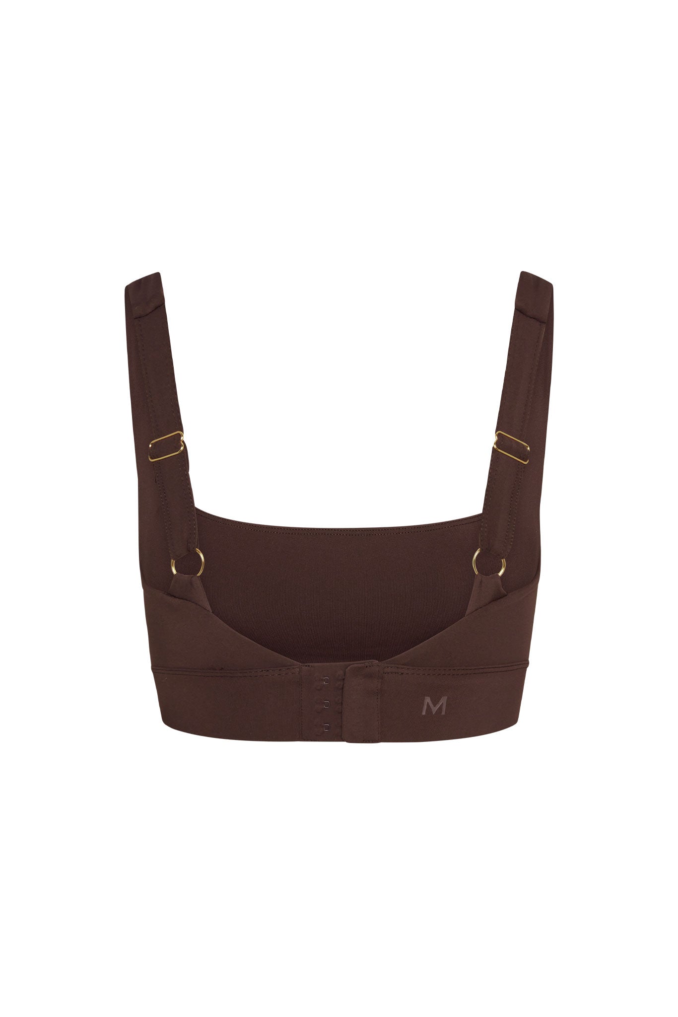 Brown bra back view with adjustable straps, hook-and-eye closure, and M logo on band.