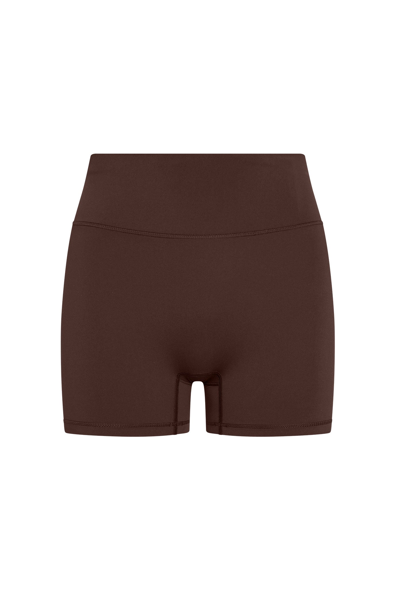 Brown high‑waist fitted bike shorts with flat seams and short inseam