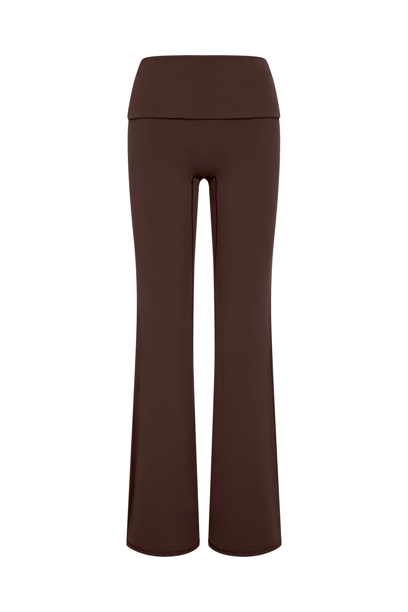Brown high-waist flared leggings with wide foldover waistband on white background