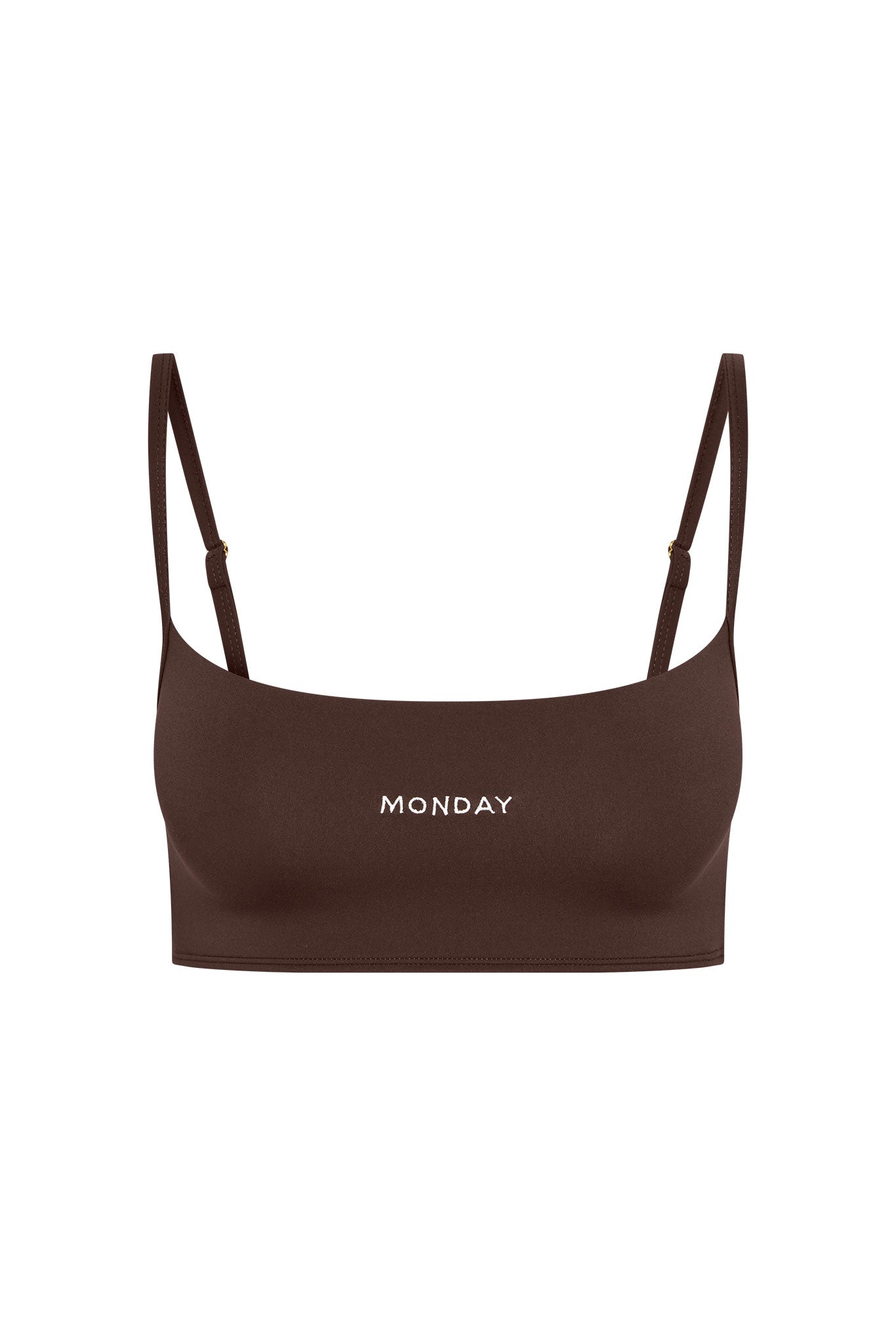 Brown cropped bralette with thin adjustable straps and MONDAY printed centered on front.