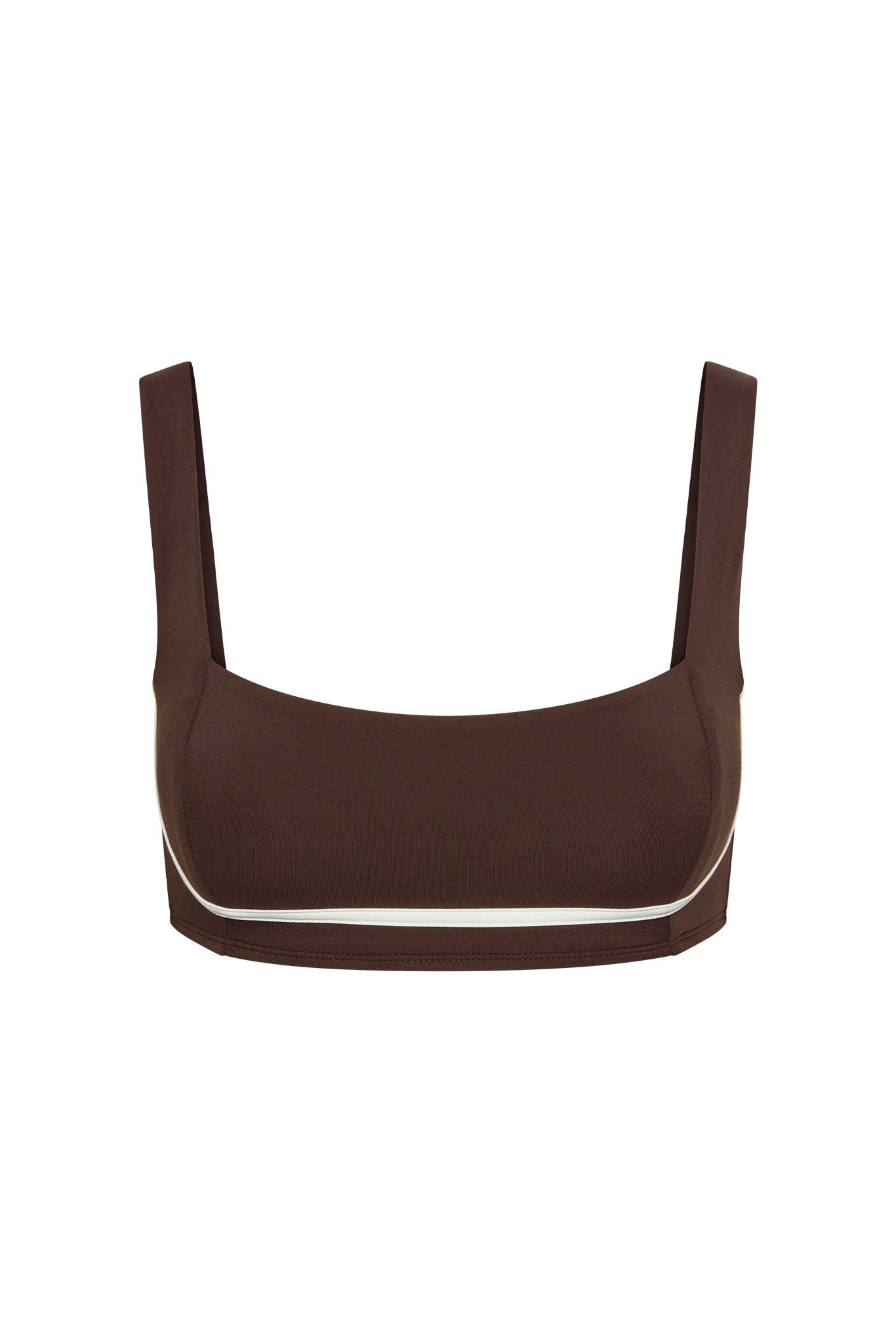 Brown square-neck cropped bikini top with wide shoulder straps and white piping along the lower band.