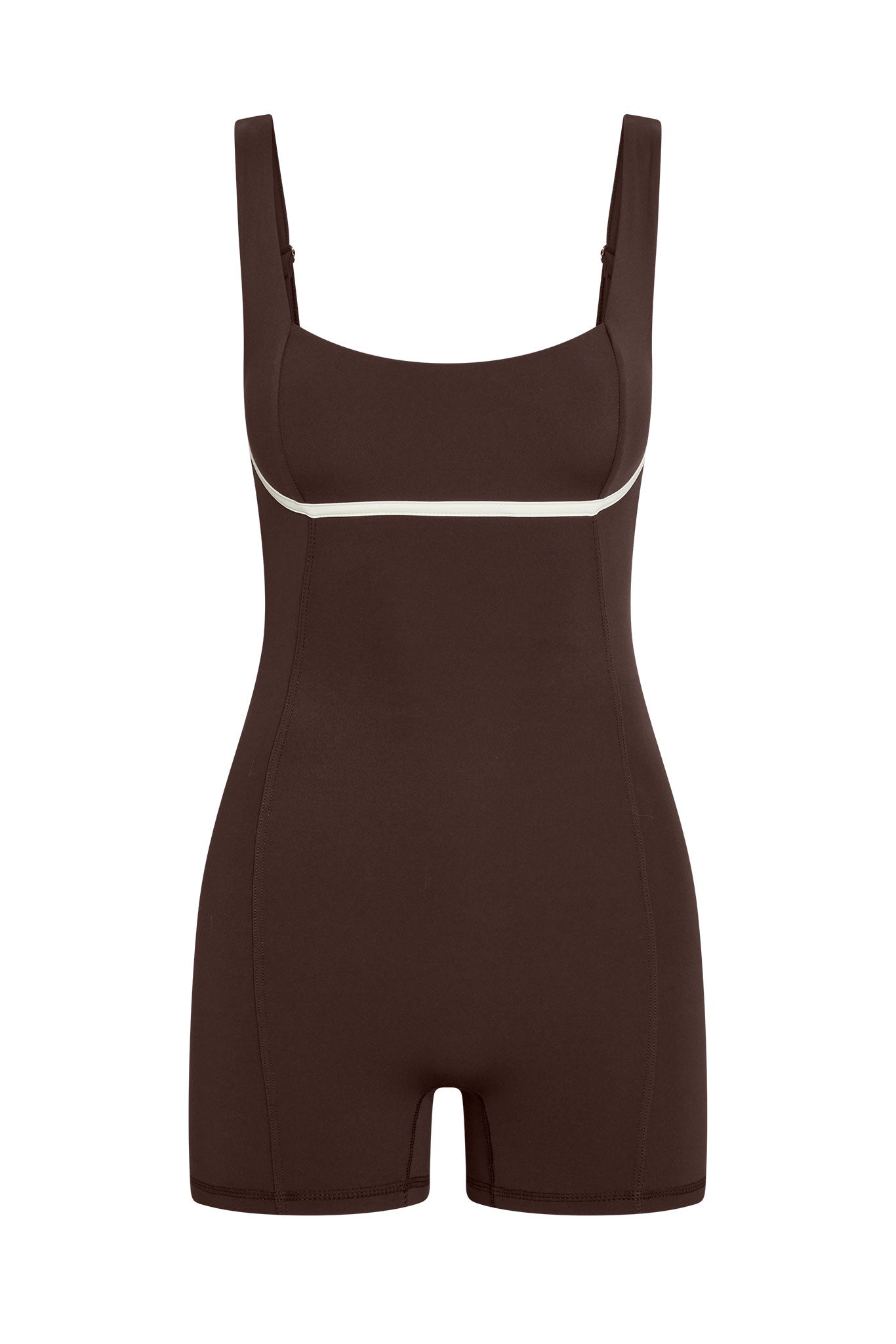 Brown square-neck, short-leg one-piece swimsuit with white underbust piping and wide shoulder straps.