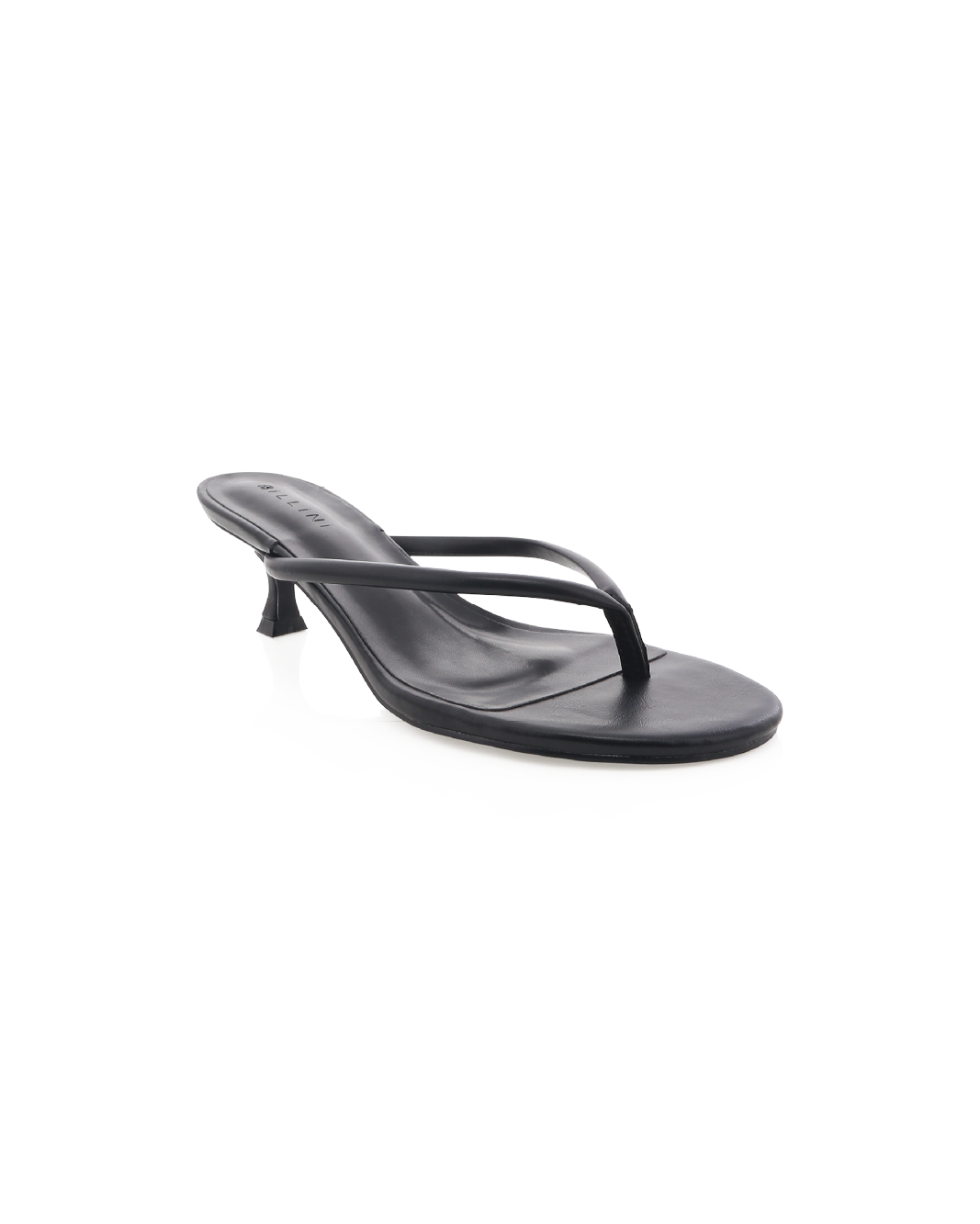 Black leather BELLINI thong sandal with low kitten heel, angled studio product shot on white background.