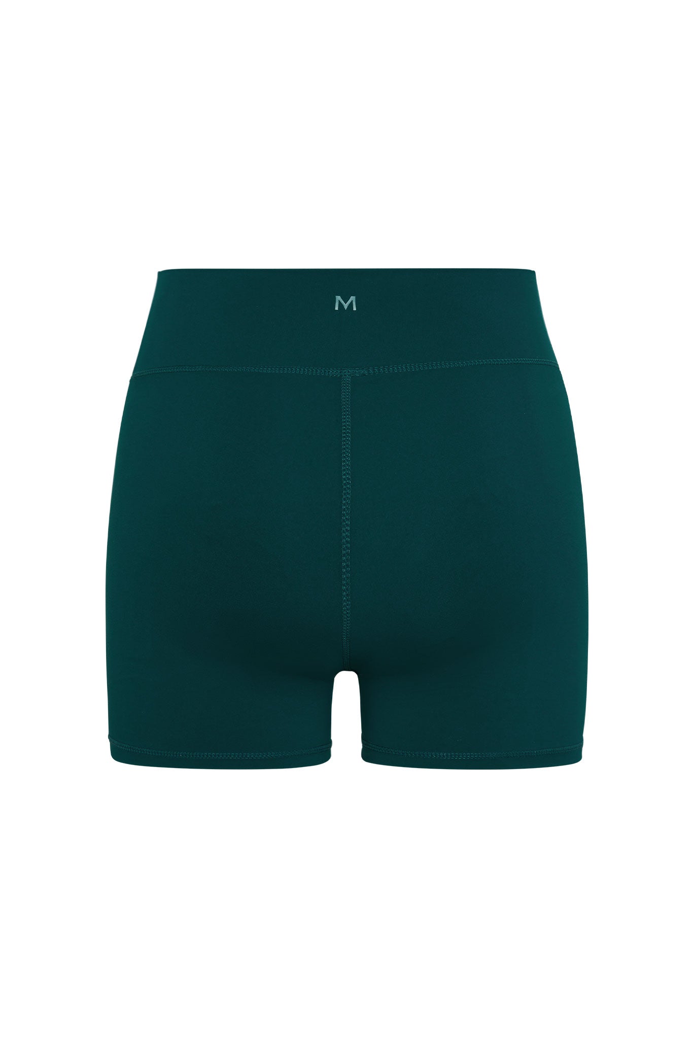 High-waist dark teal biker shorts, back view, with small white "M" logo centered on waistband
