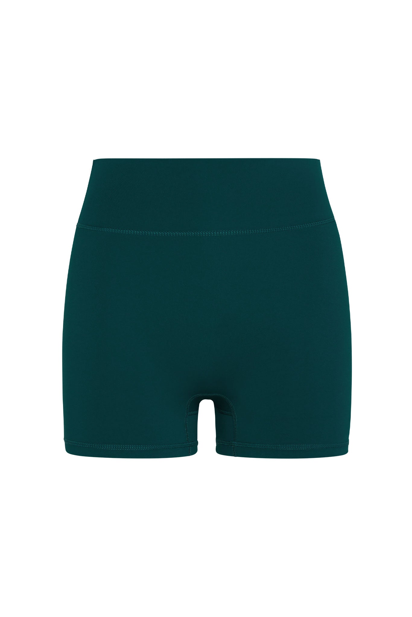 High-waist teal athletic bike shorts with short inseam and flat seams, centered on white background.