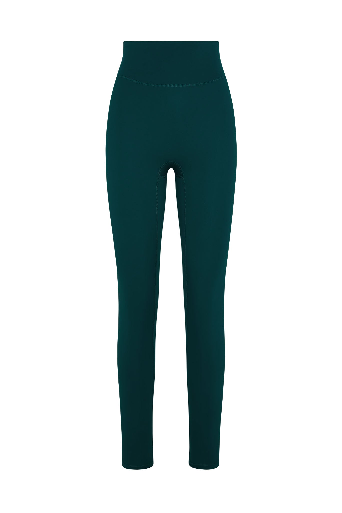 High-waist, full-length dark teal leggings with wide waistband and flat seams.