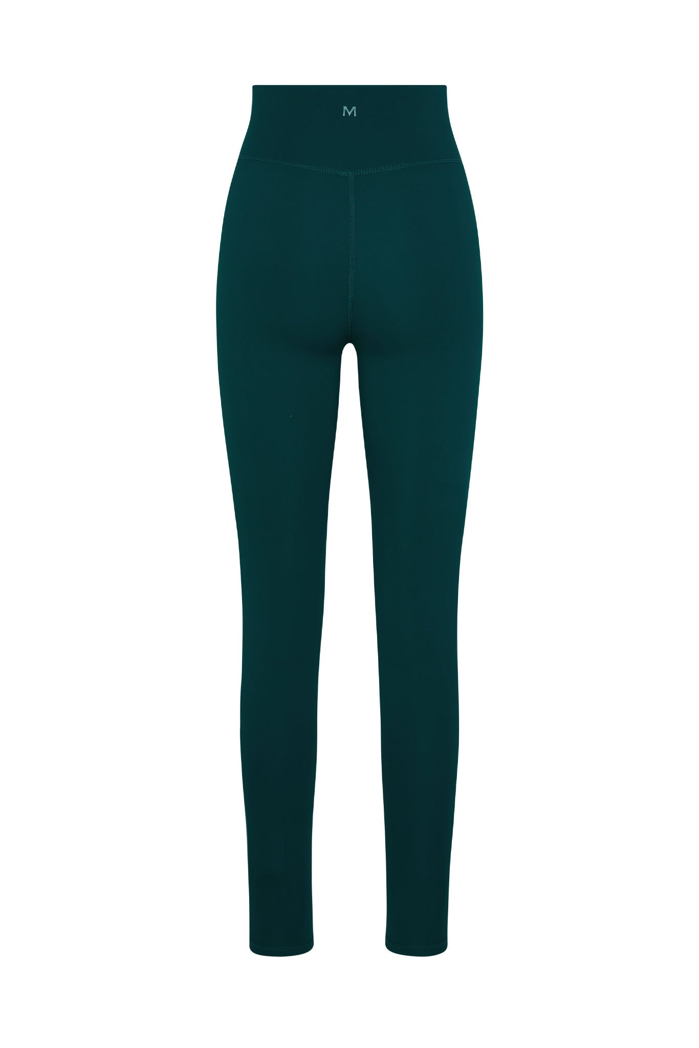 High-waisted teal full-length leggings with small "M" logo centered on the waistband