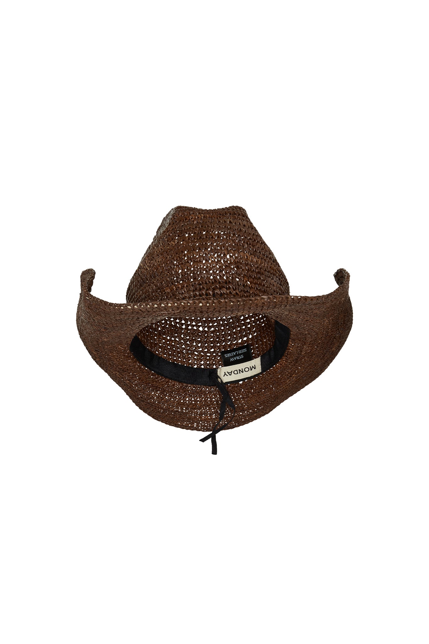 Brown woven straw cowboy hat seen from above with curled brim and interior label "MONDAY".