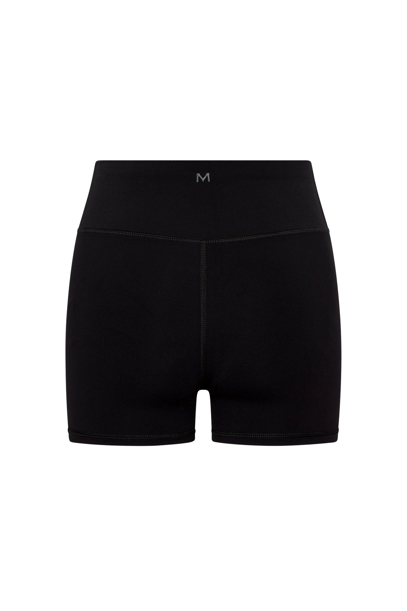 Black high-waist athletic shorts with small 'M' logo on center waistband.