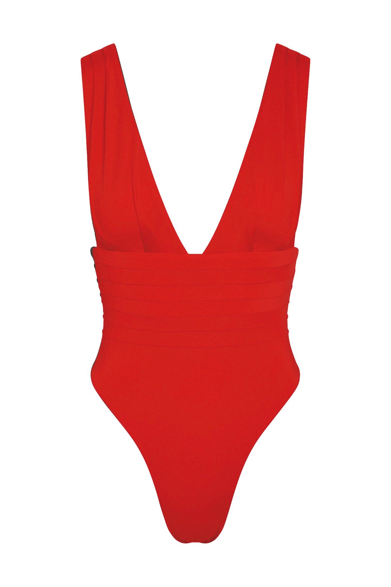 Front of Florence One Piece in Chili Pepper showing deep V-neck, pleated waist and high-cut leg on white background