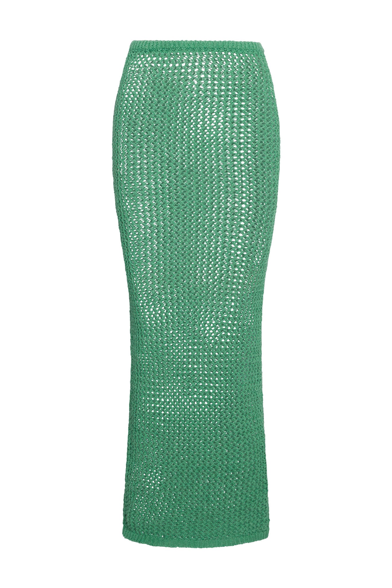 Green open-knit crochet midi skirt with high waist and pencil silhouette