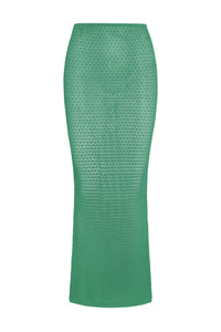 Front view of Fontelina Skirt in Pond lace crochet, fitted pencil silhouette showing open crochet texture on white background