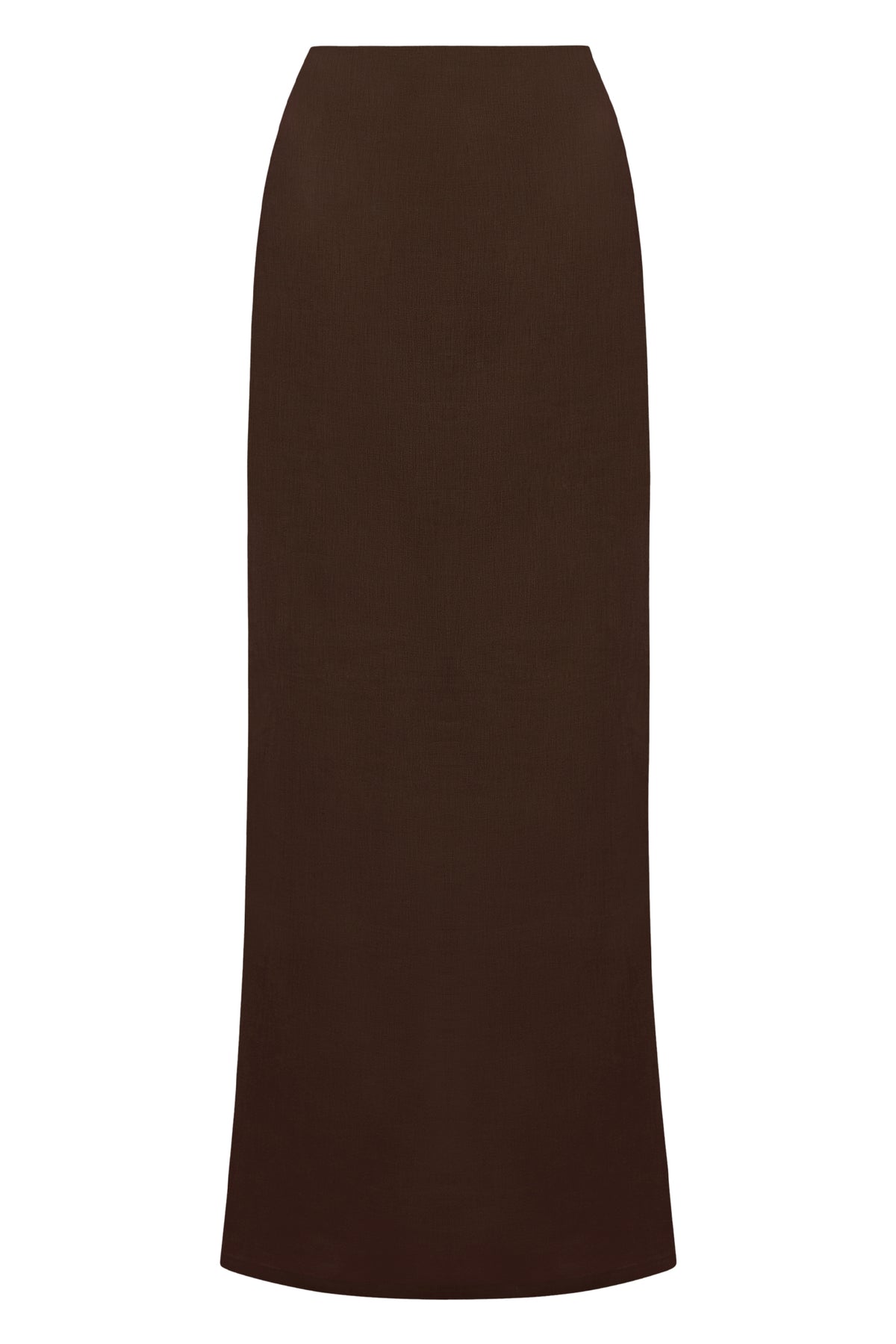 Front view of Fontelina linen skirt in espresso showcasing its maxi length and straight-cut hem on a white background