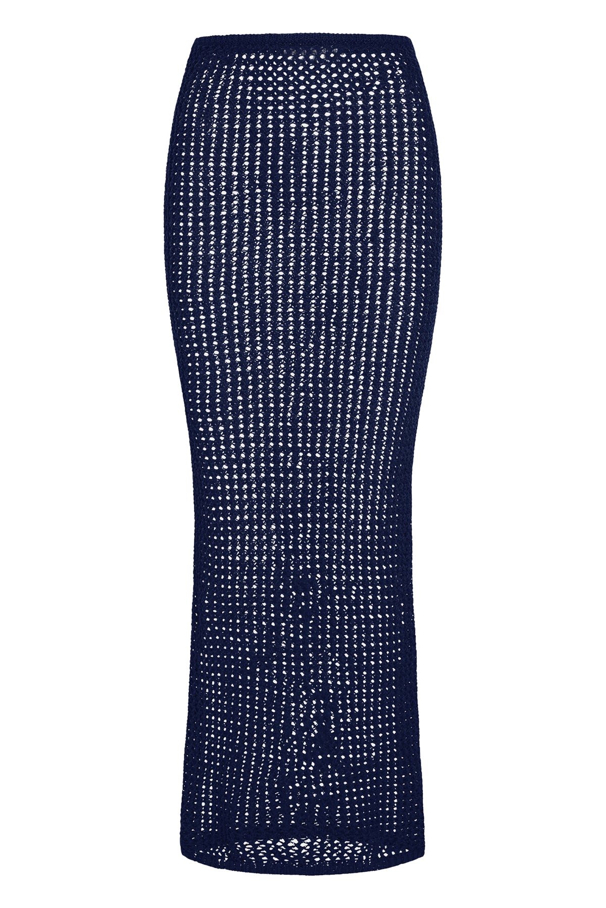 Front view of Fontelina Skirt in Midnight Petit Crochet showing sheer knit, elastic waist, and maxi length on white background
