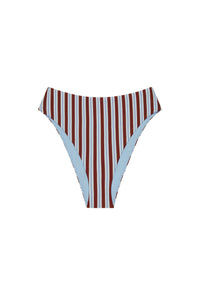 Front view of Formentera Bottom bikini bottoms showcasing burgundy, blue, and white vertical stripes on a white background