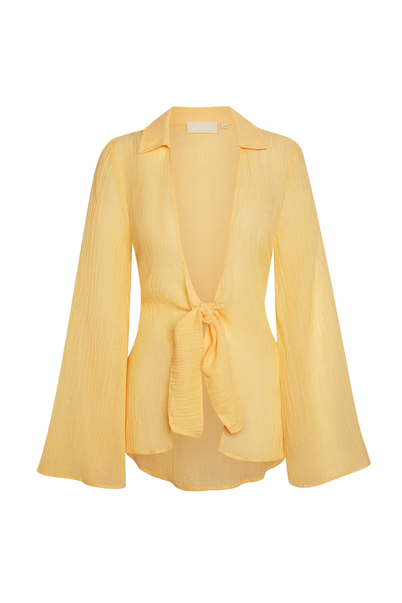 Yellow crinkle tie-front blouse with deep V and long bell sleeves; label reads MONDAY.