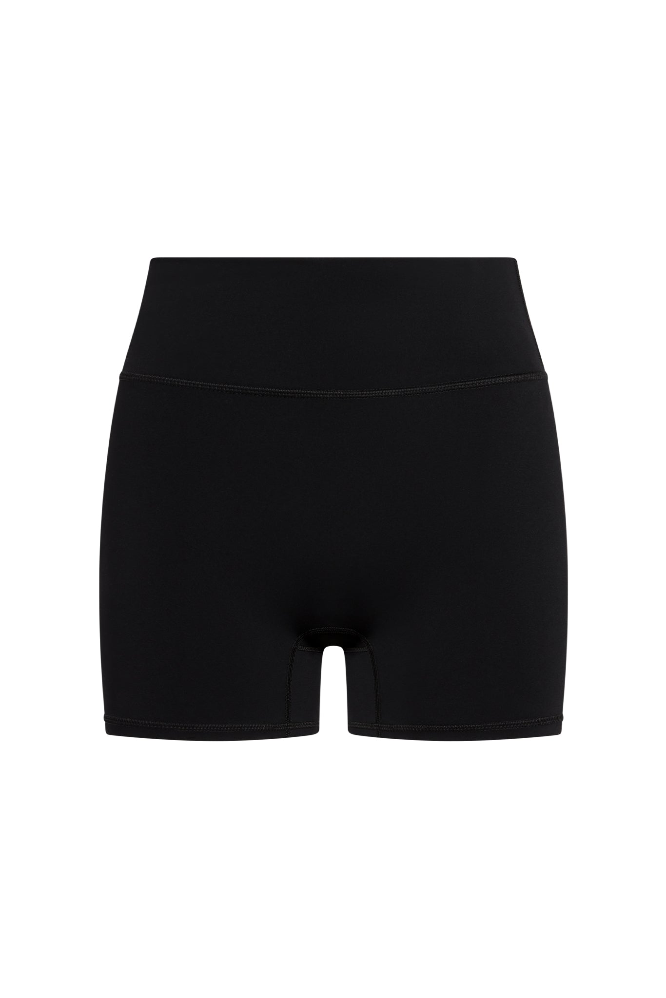 Black high-waist mid-thigh bike shorts, flat-front product view