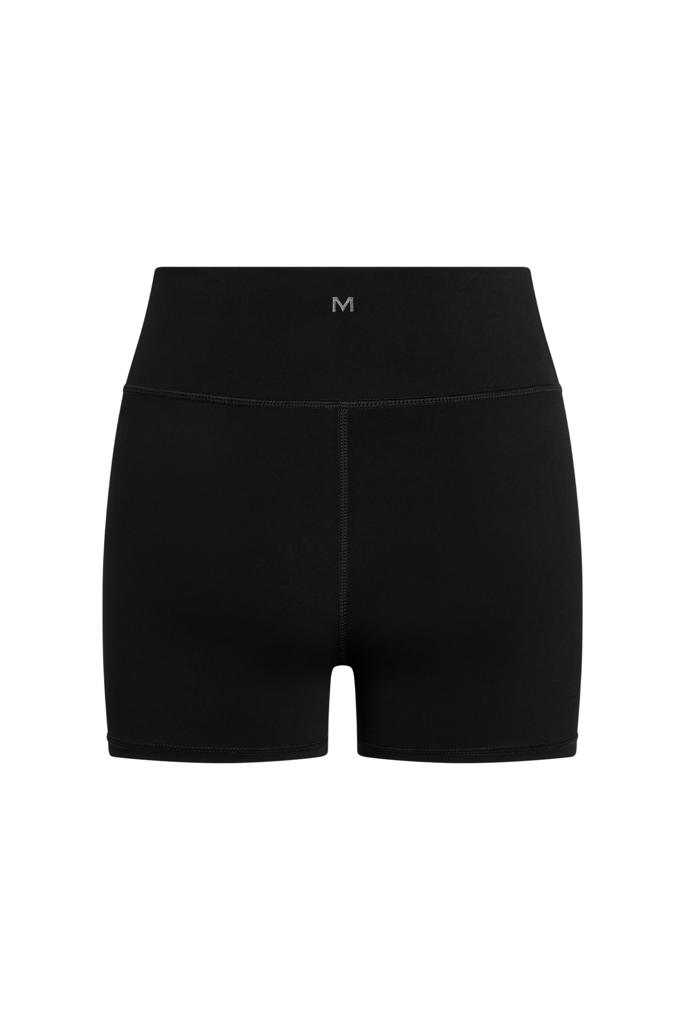 Black high-waist biker shorts with M logo centered on the waistband.