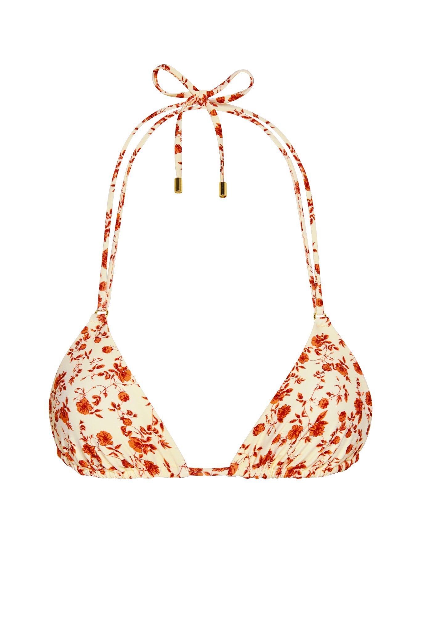 Cream triangle bikini top with rust-orange floral print, halter neck tie and gold-tipped drawstring ends