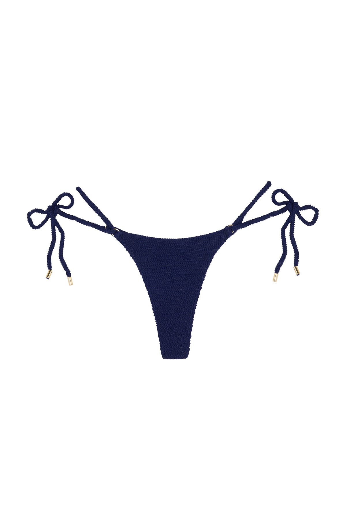Front view of Hanalei Bottom in Midnight Crinkle showcasing adjustable side ties, dainty gold rings, and crinkle fabric on white background
