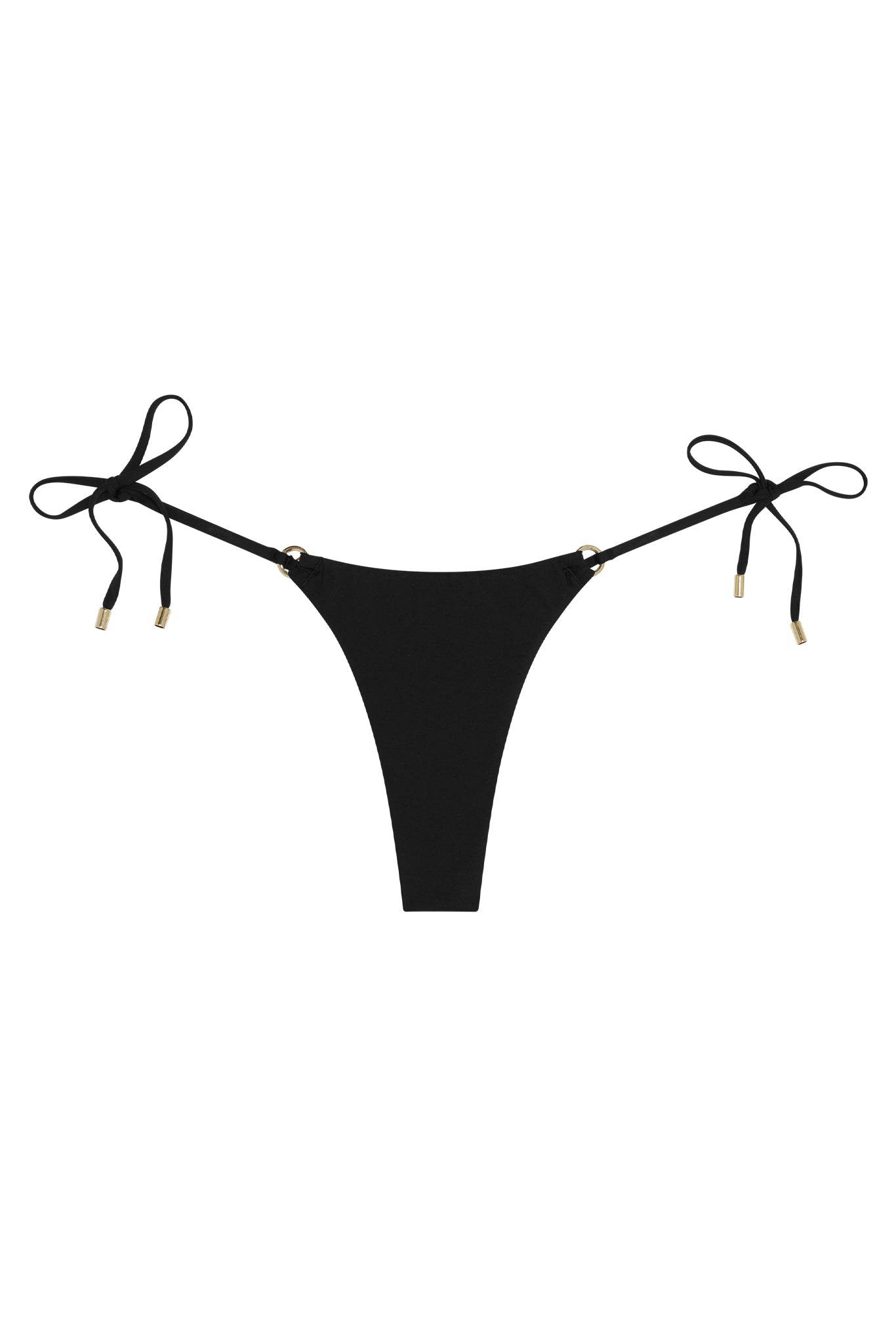 Black tie-side bikini bottom with gold ring connectors and gold-capped tie ends
