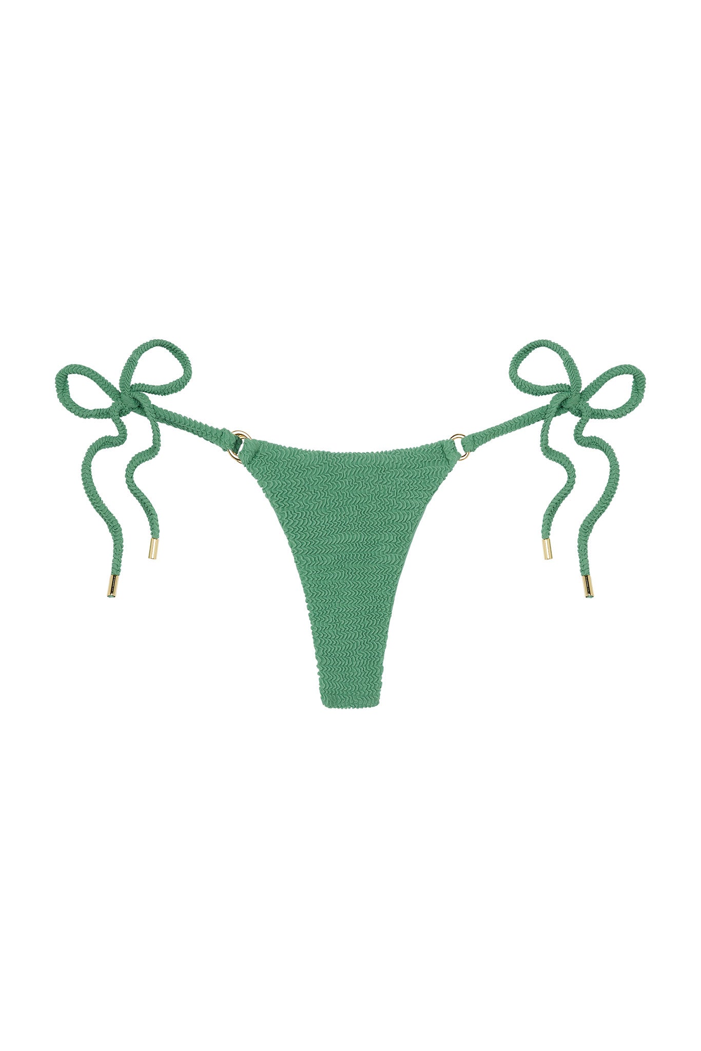 Green textured tie-side bikini bottom with gold-tipped side ties on white background.
