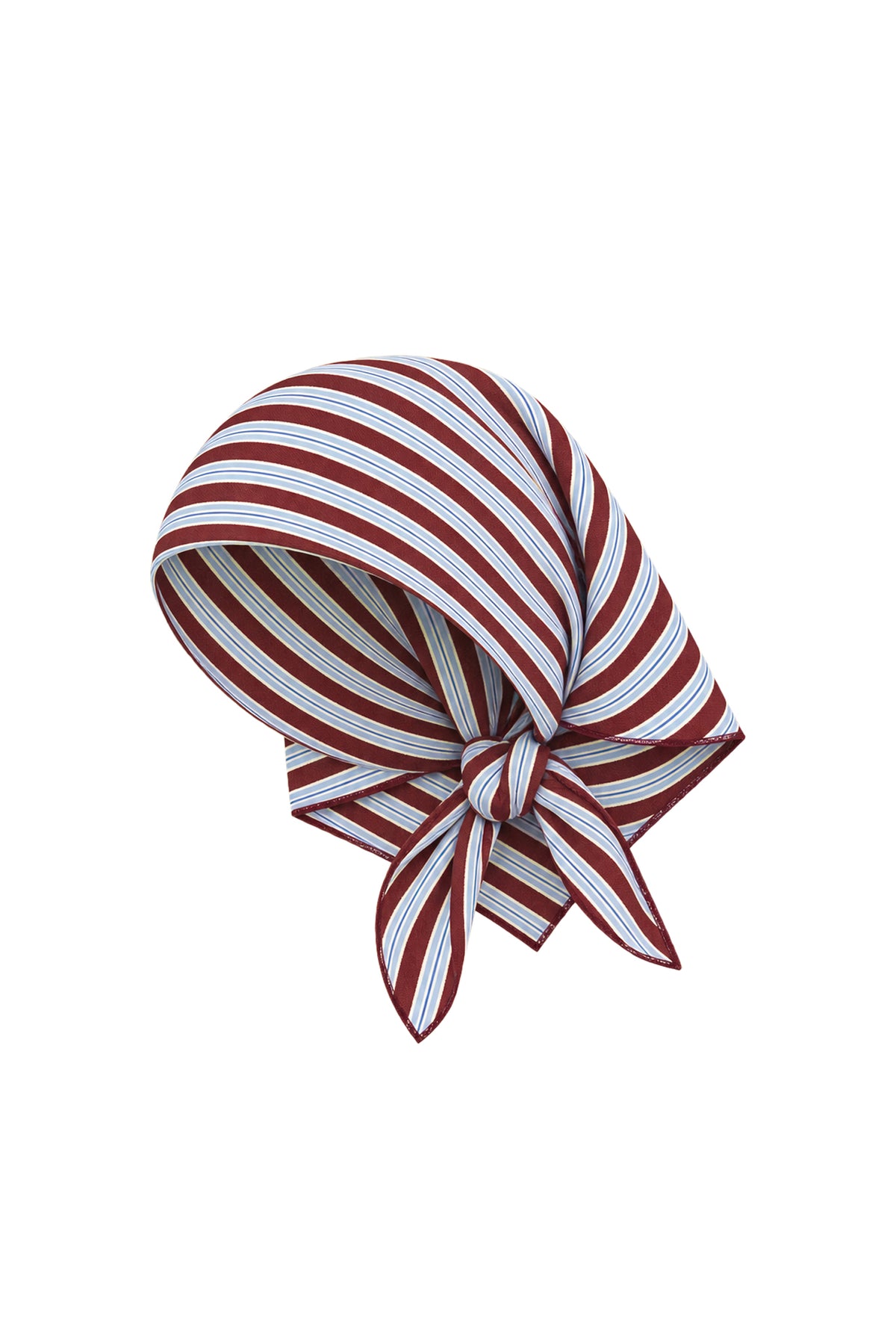 Front view of Monday head scarf showcasing Milano Stripe burgundy, blue, and white stripes with white background