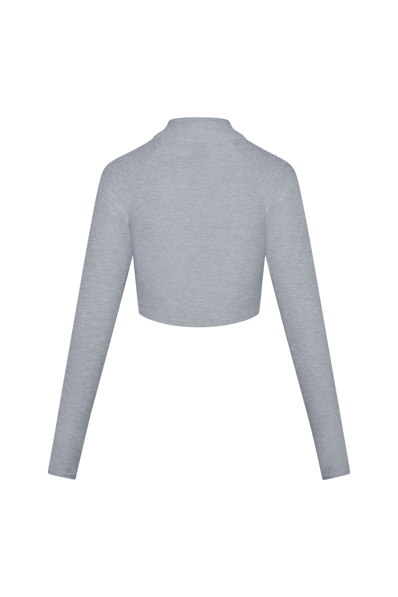 Back view of light heather-gray long-sleeve cropped top with mock neck and raglan sleeves