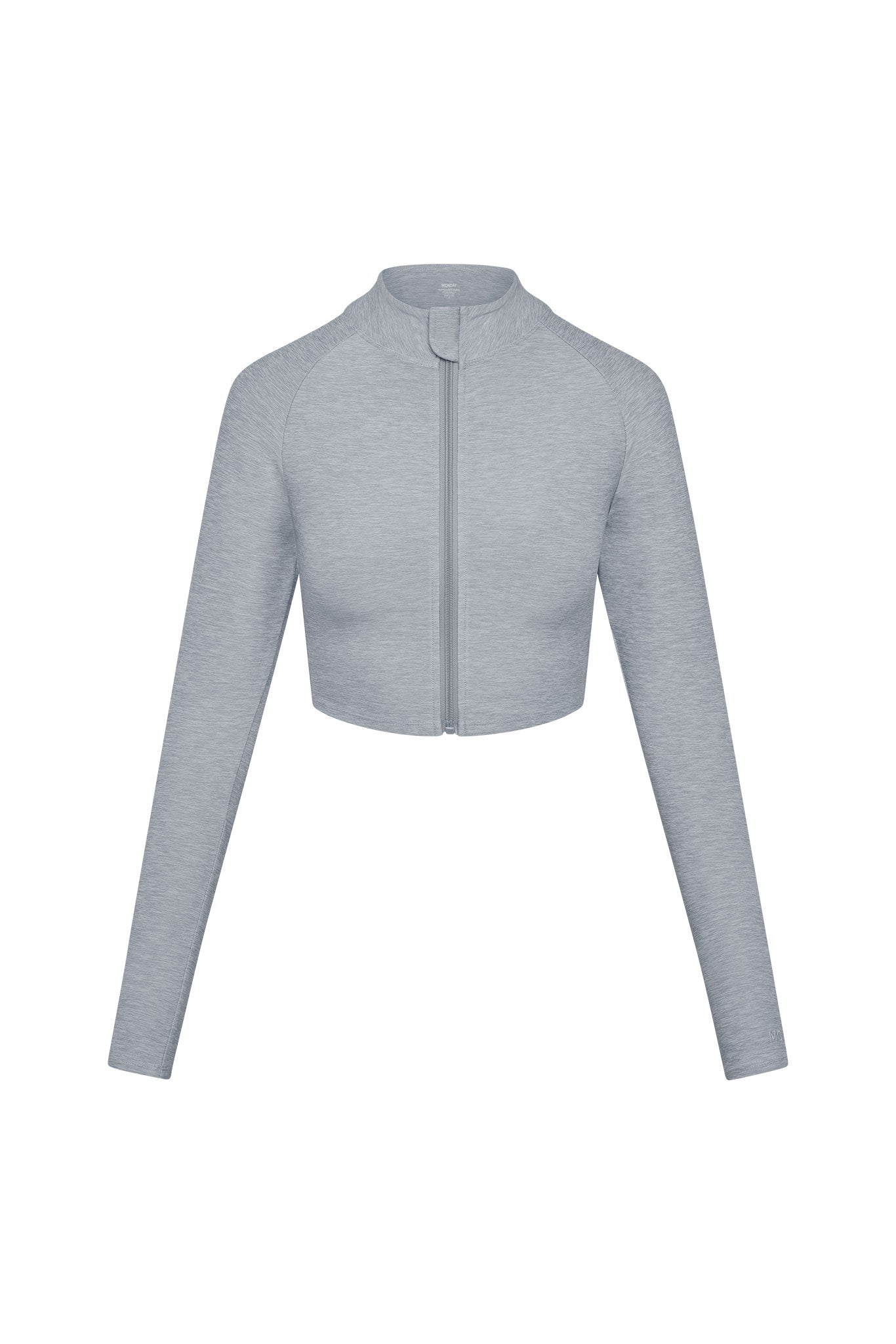 Light heather-gray cropped long-sleeve jacket with front zipper and stand collar.