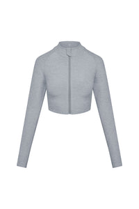 Light heather-gray cropped long-sleeve jacket with front zipper and stand collar.