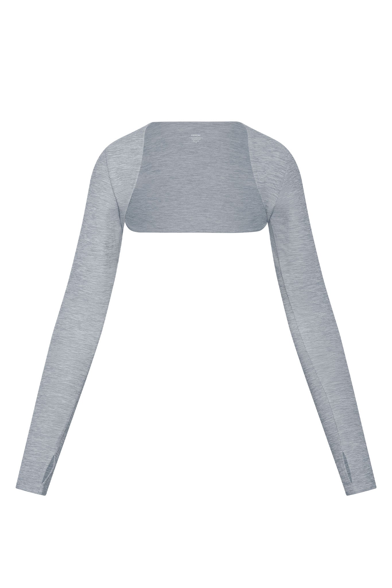 Light heather-gray cropped shrug with long fitted sleeves and wide back panel
