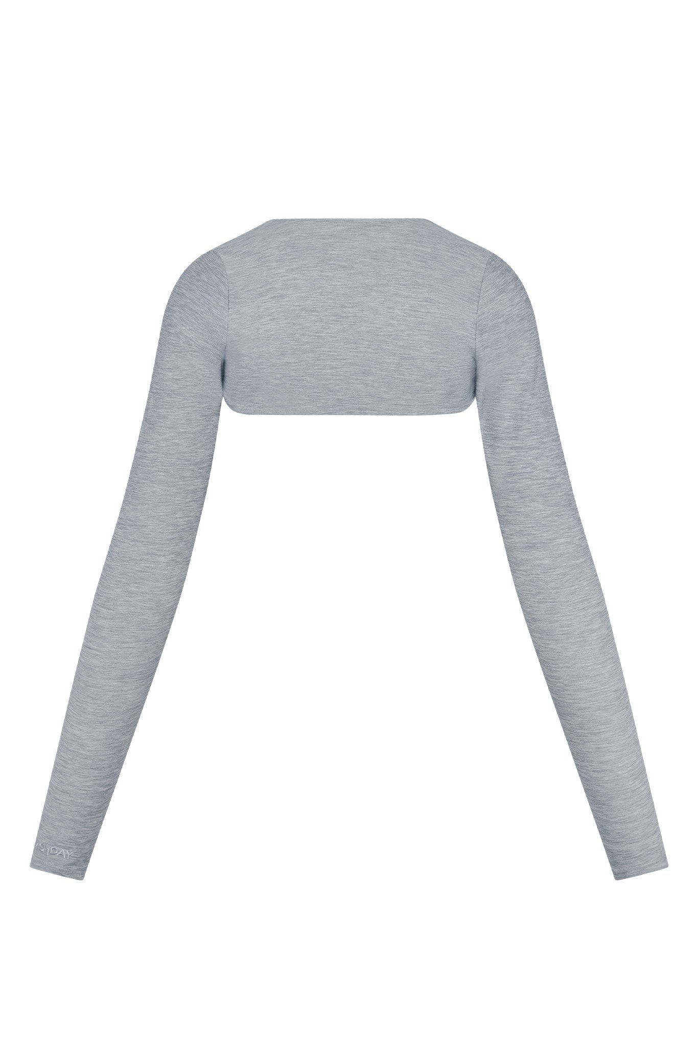 Light grey long-sleeve bolero shrug laid flat, back view.