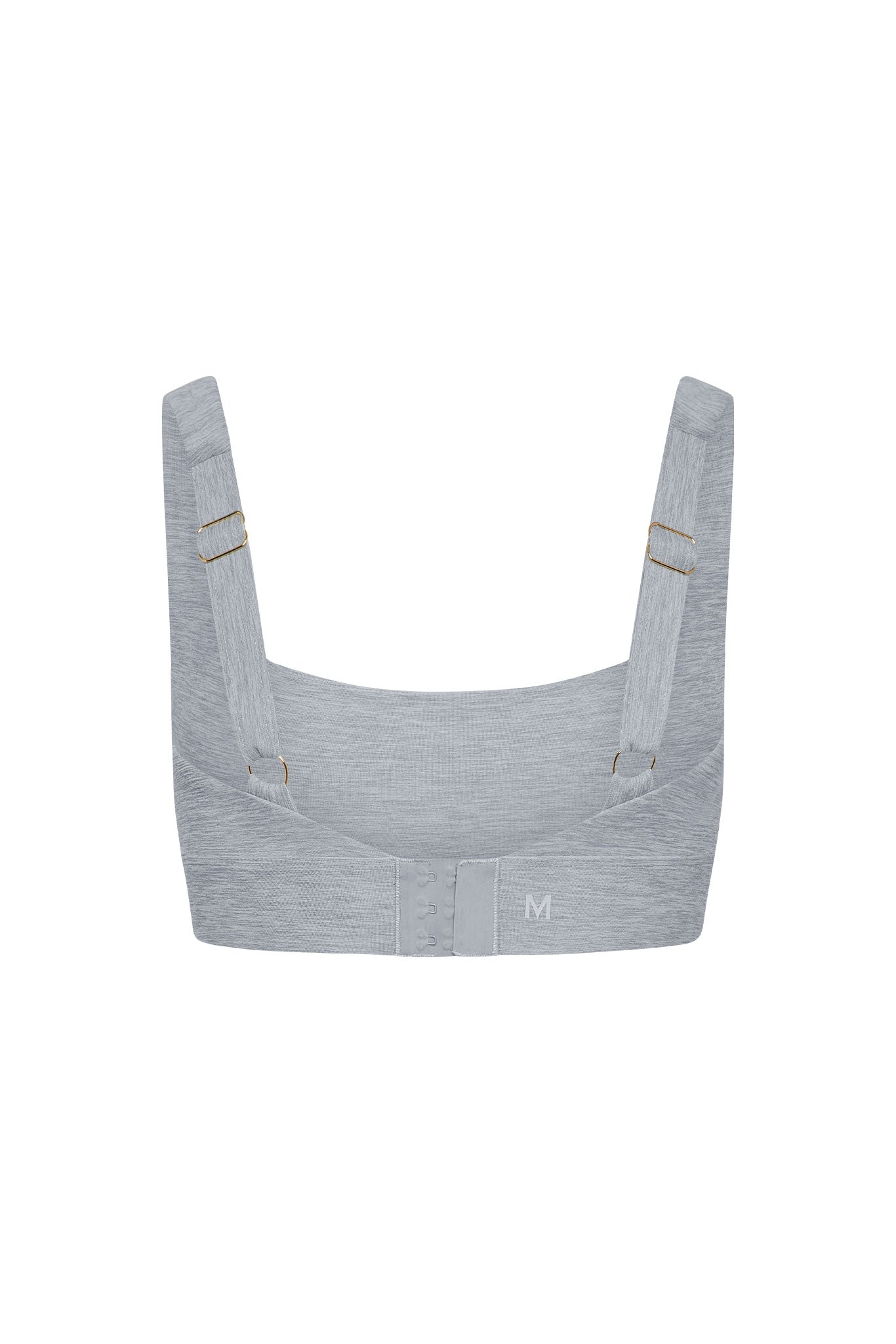 Back view of light gray sports bra with adjustable straps, hook-and-eye closure, and printed M size mark.