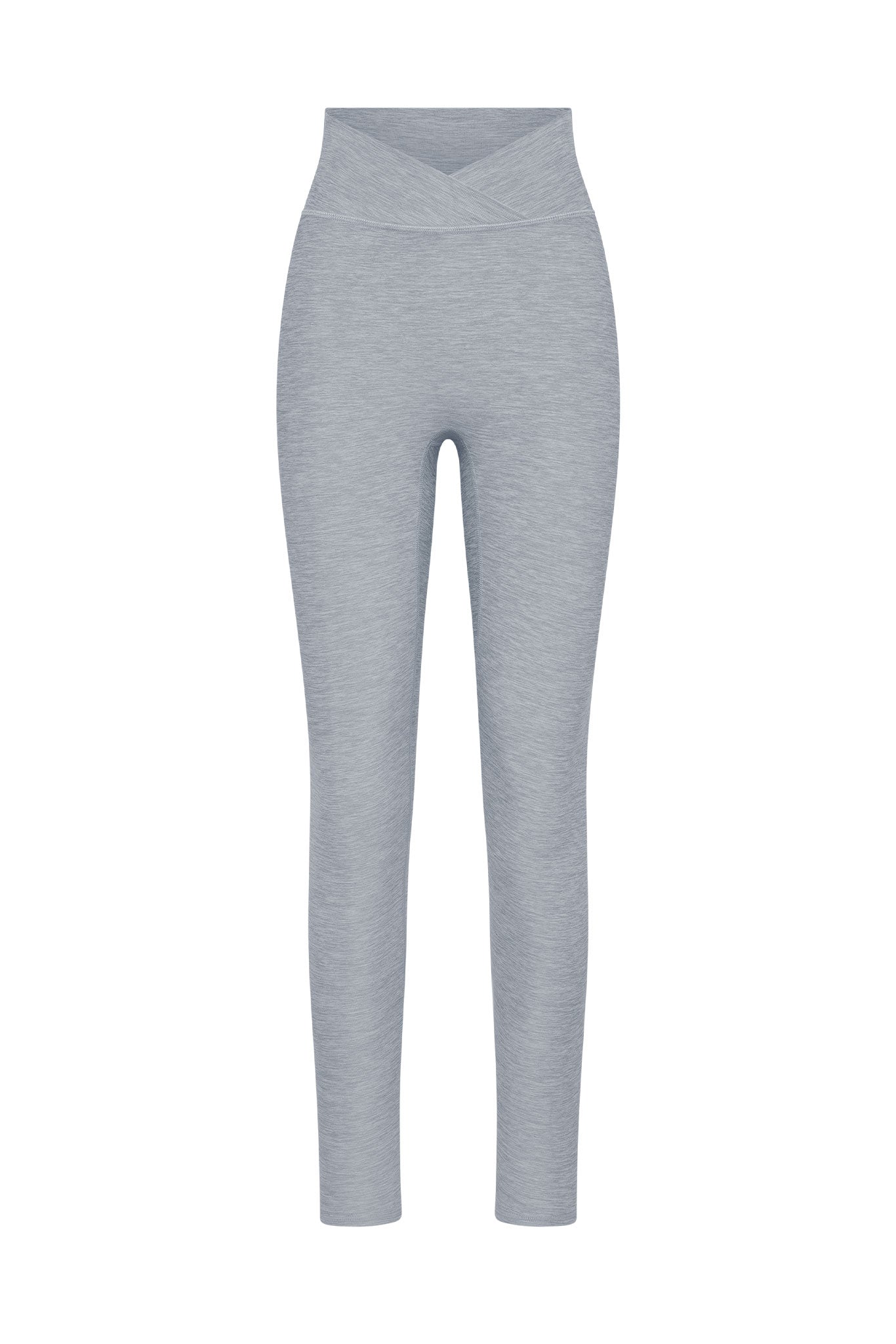 Heather gray high-waist leggings with crossover V waistband, full-length slim-fit legs and heathered knit texture.