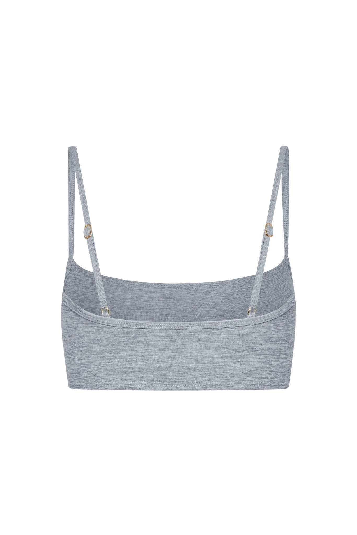 Gray heathered bralette, back view, thin adjustable straps with gold-tone hardware