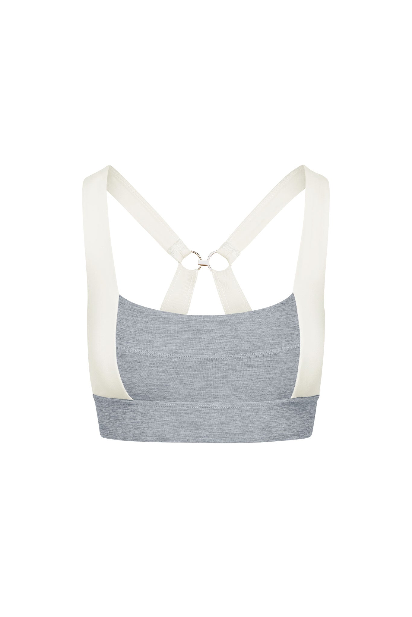 Gray sports bra back view with cream wide straps forming a ringed racerback and wide elastic underband.