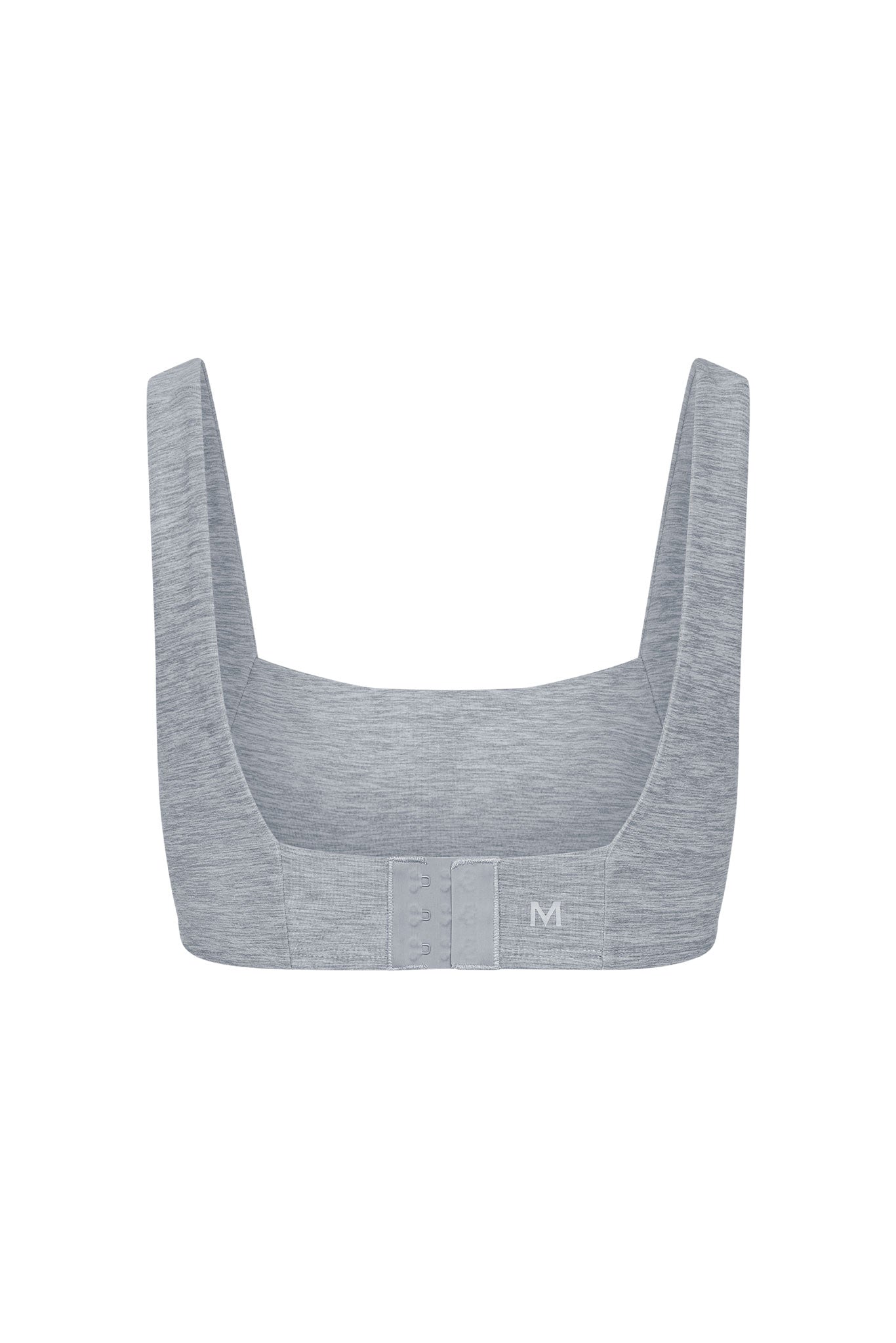 Gray heather wireless bralette back view with three-row hook closure and printed M size label.
