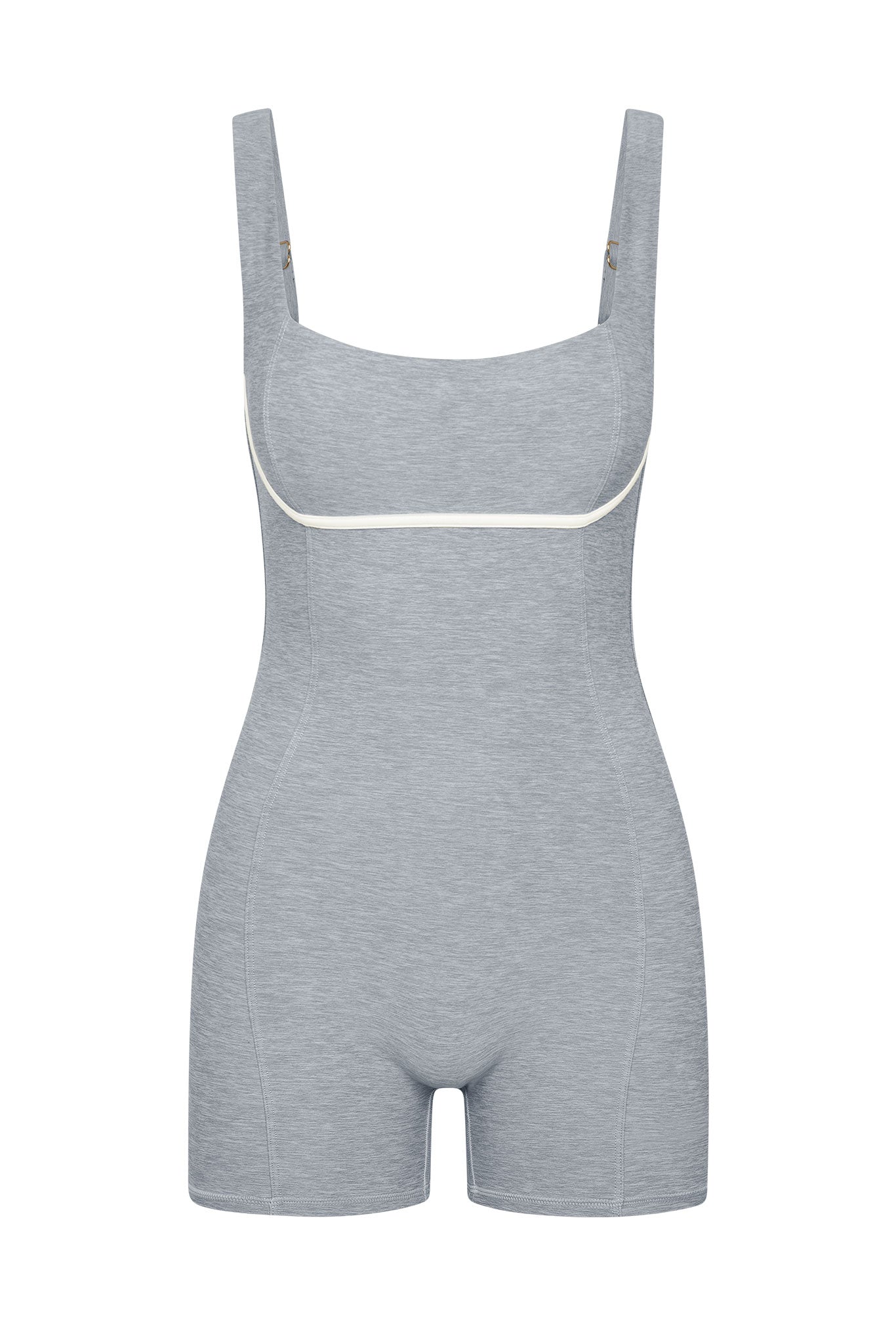 Light-gray shaping bodysuit with shorts, adjustable straps and white piping under the bust.