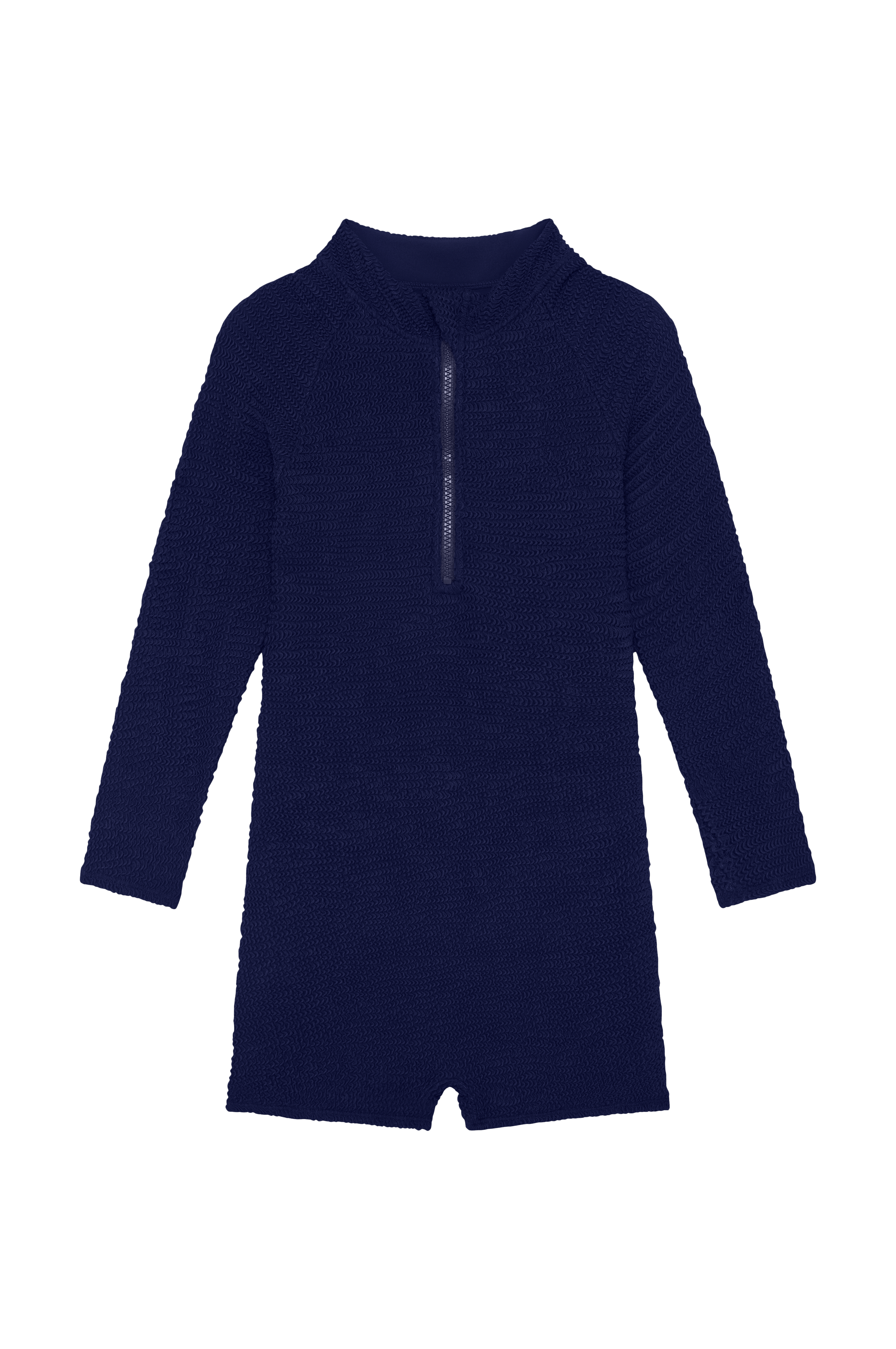 Navy knit long-sleeve zip-front romper with short legs and mock neck