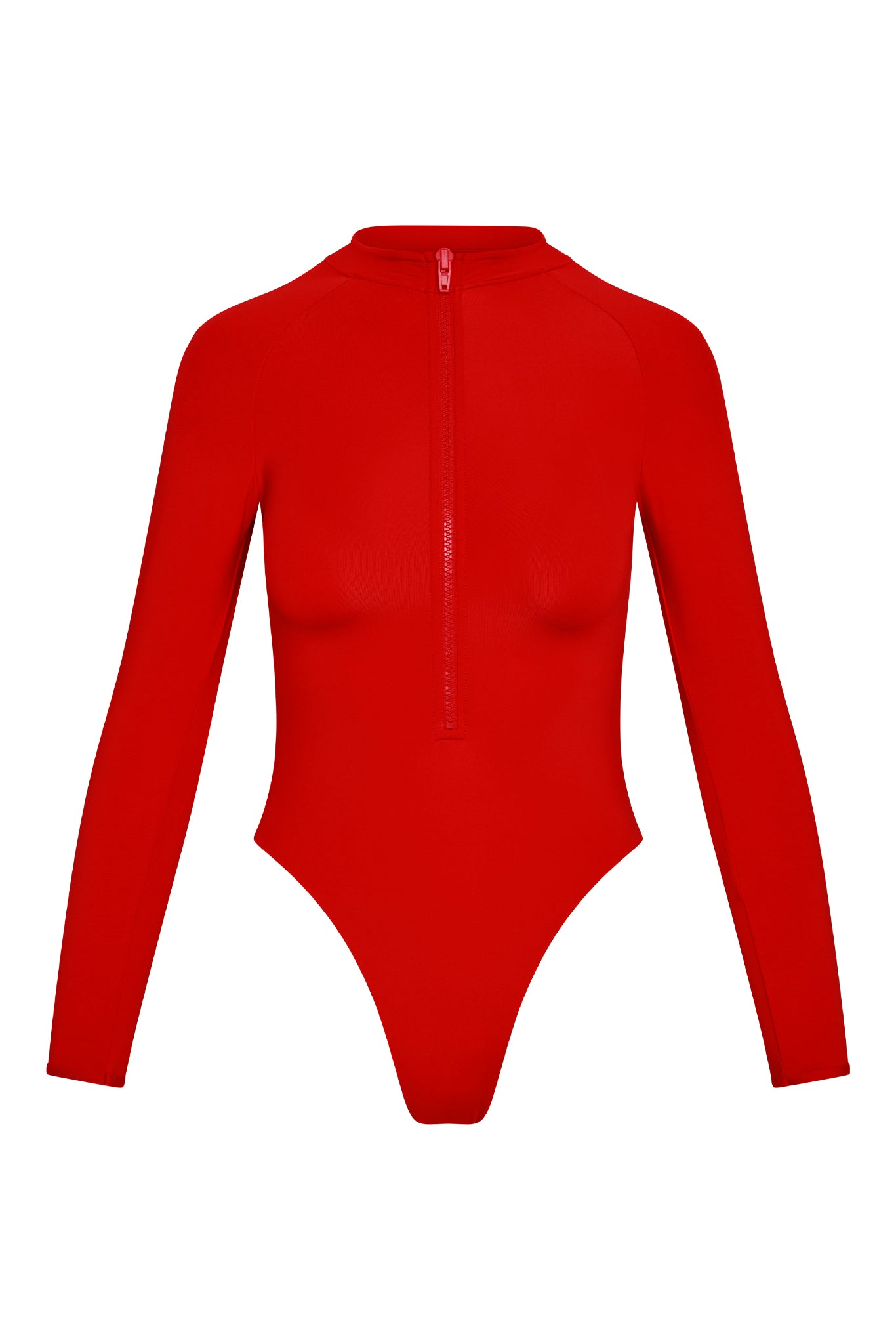 Red long-sleeve zip-front bodysuit with high-cut leg and mock neck