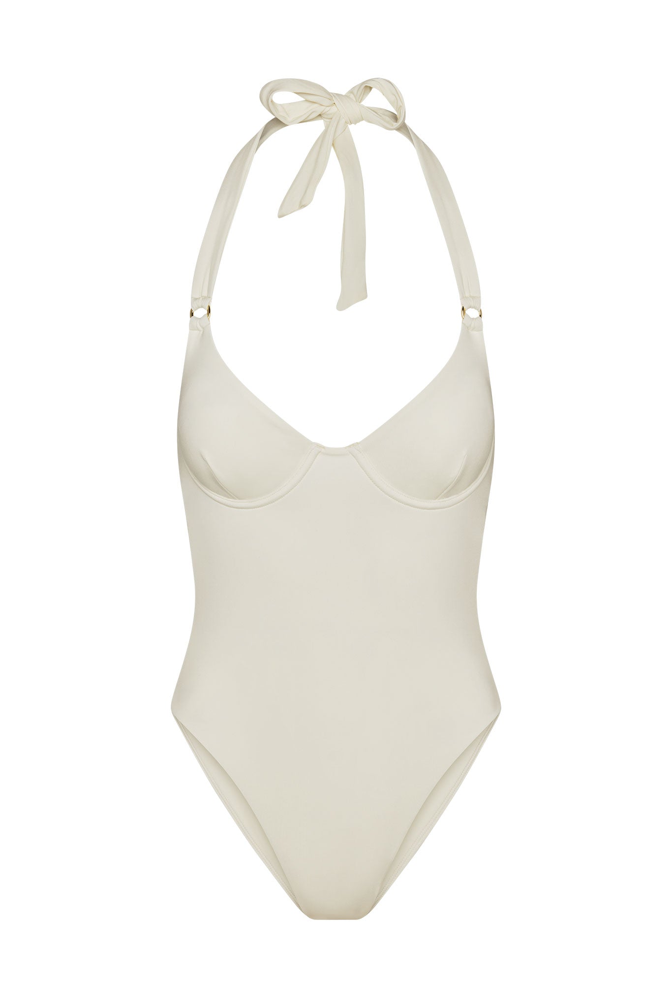 Cream halter one-piece swimsuit with underwire cups and neck tie, smooth seamless body.