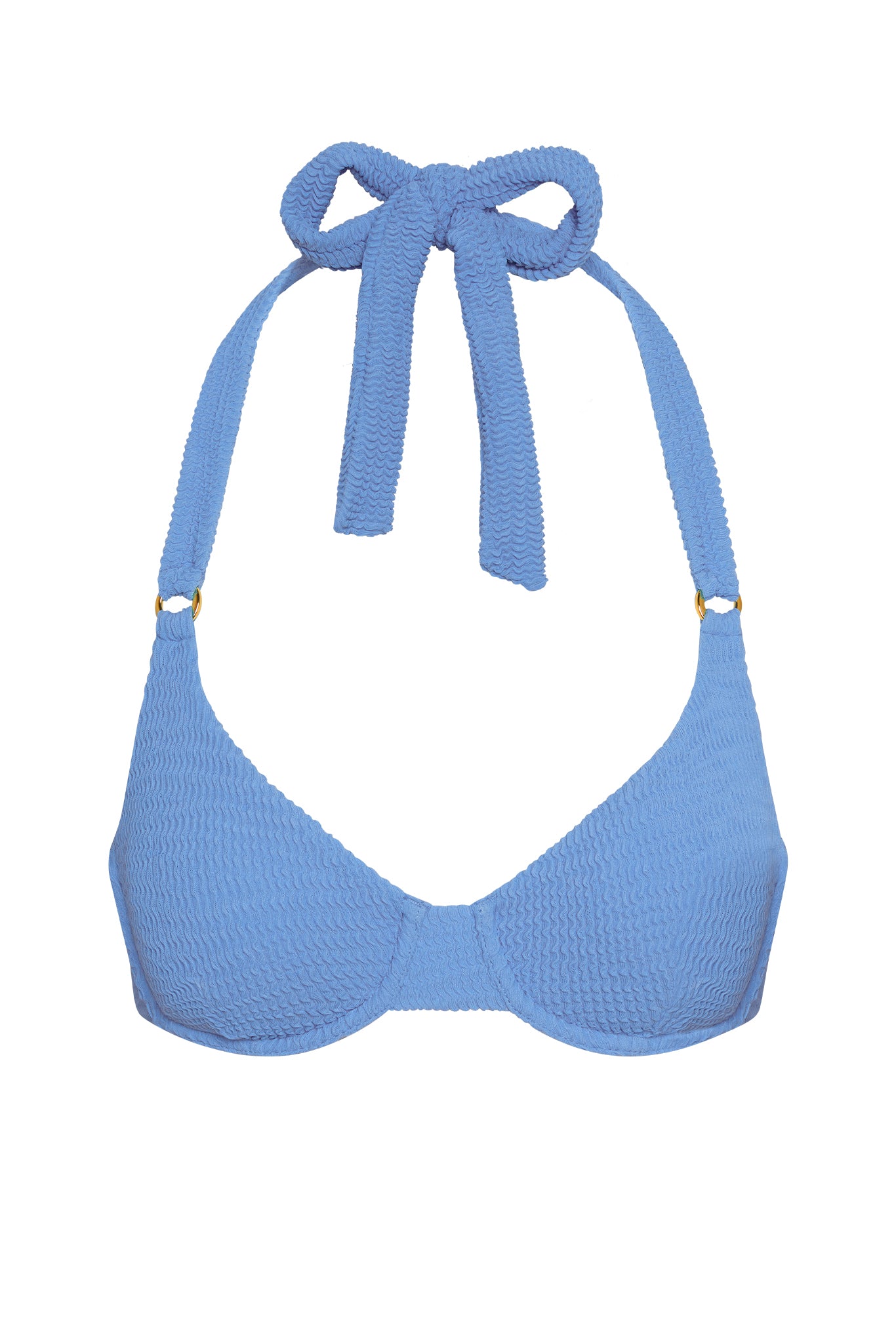 Light blue textured halter bikini top with bow-tie neck straps and underwire cups