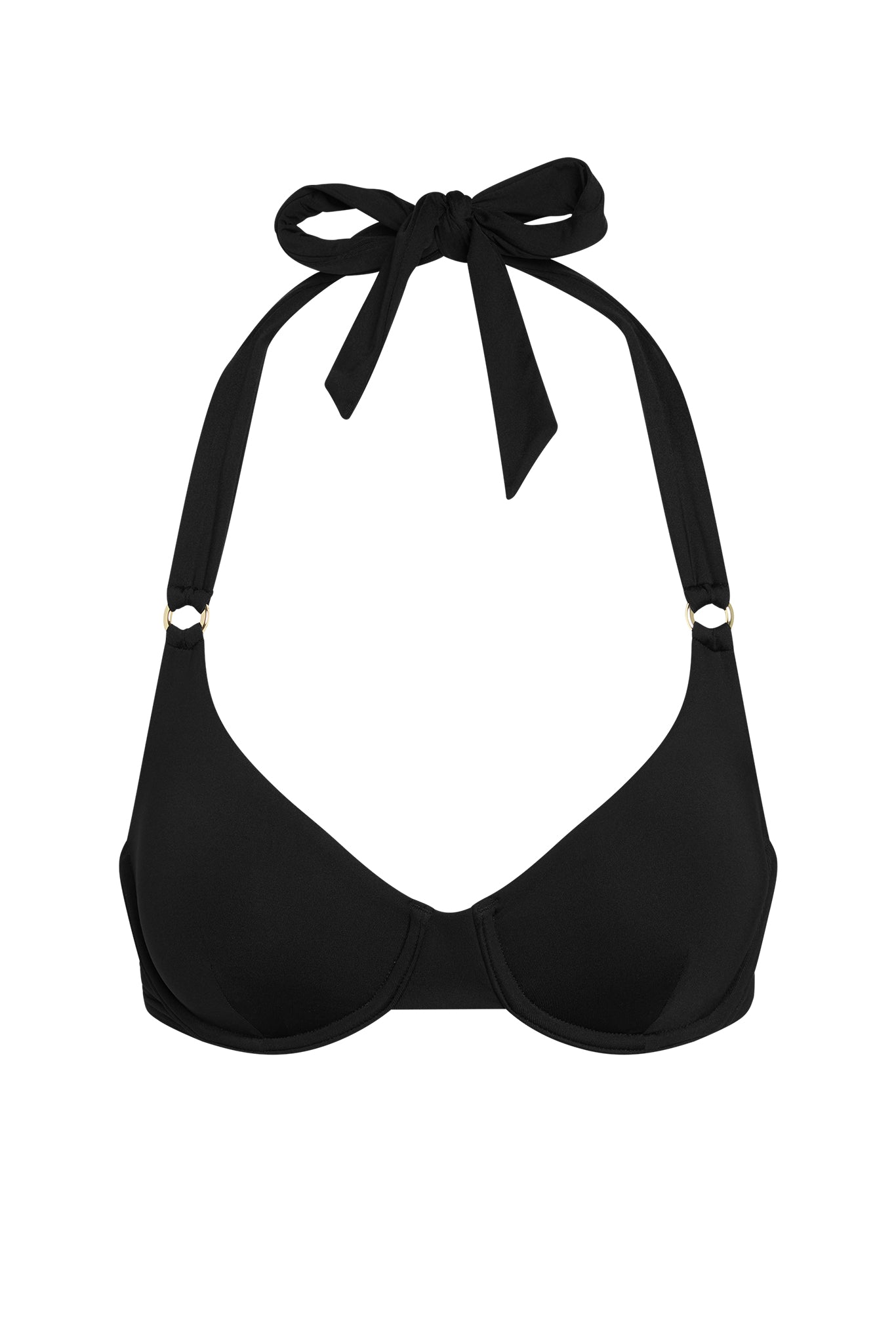 Black halter bikini top with underwire cups, gold ring hardware at straps and a tie-neck bow