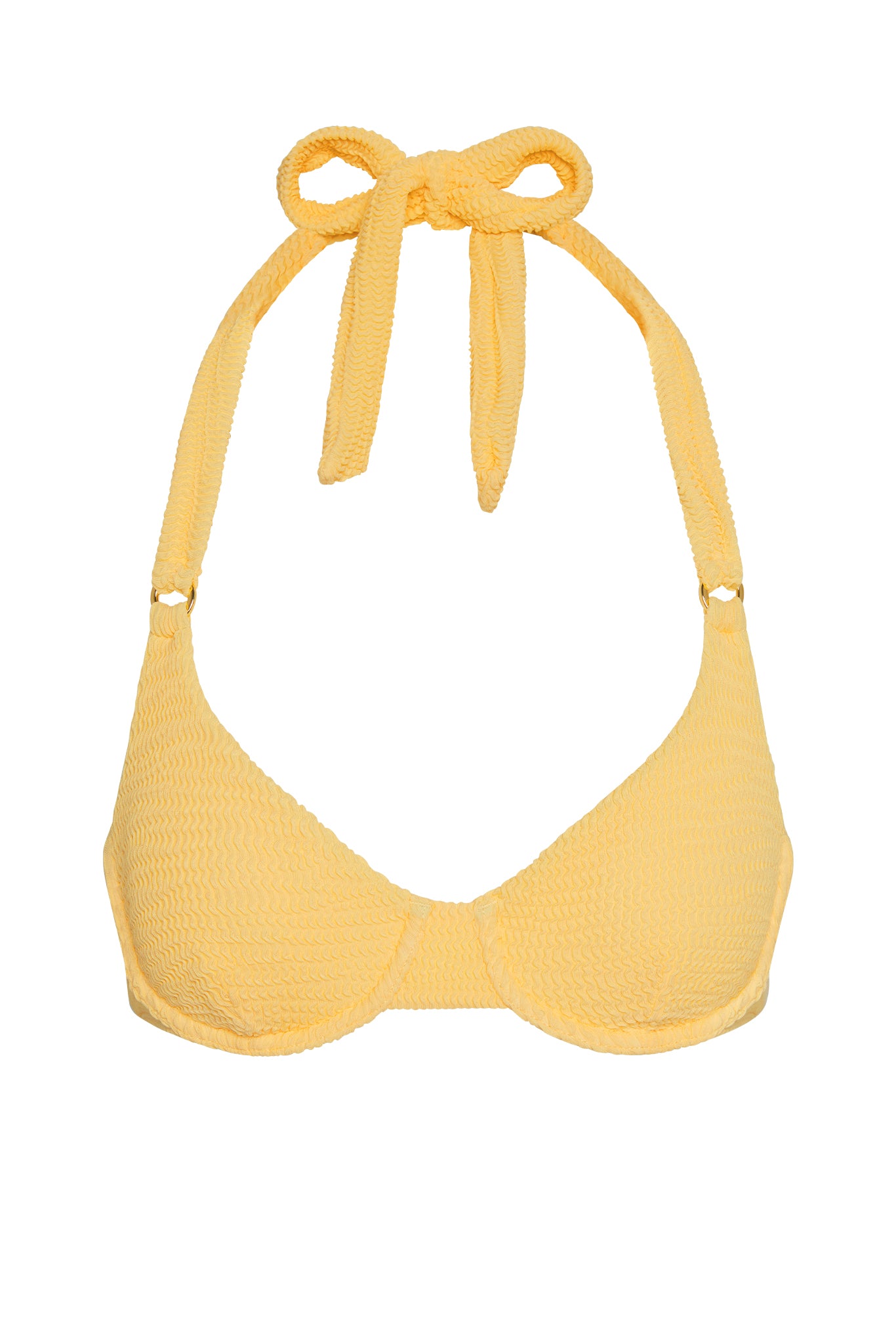 Yellow textured halter bikini top with tied bow at neck and molded cups