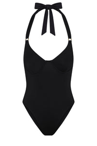 Front view of black Honolulu One Piece showcasing underwire cups, halter tie, and ring details against a white background