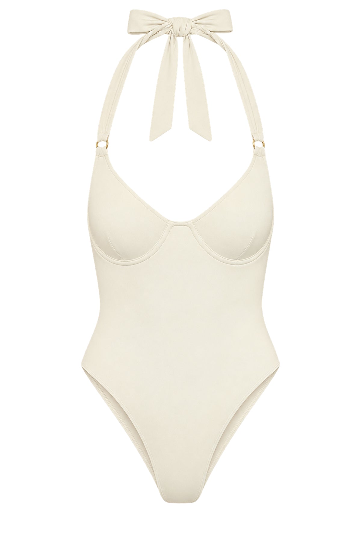 Front view of Honolulu One Piece in Ivory showcasing underwire cups, ring detail, and adjustable halter tie on white background