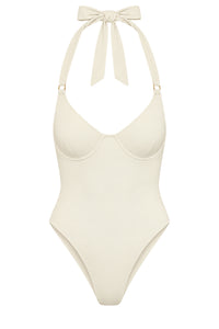 Front view of Honolulu One Piece in Ivory showcasing underwire cups, ring detail, and adjustable halter tie on white background